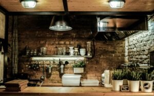 storage shelves in small kitchen