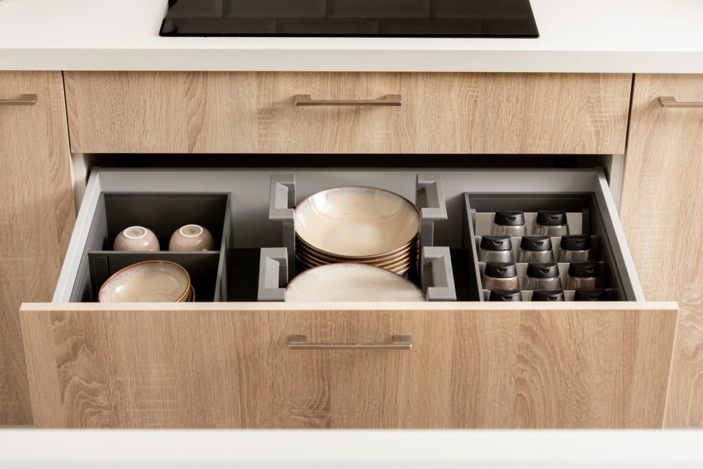 deep kitchen drawer with organiser for plates