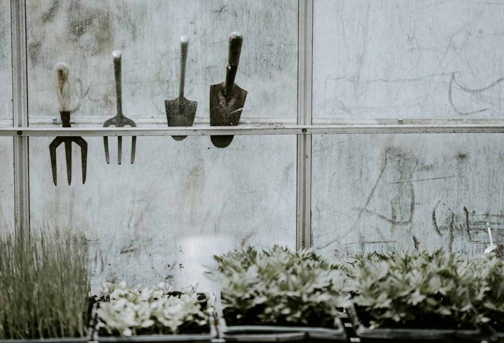 small space gardening tools on wall rail