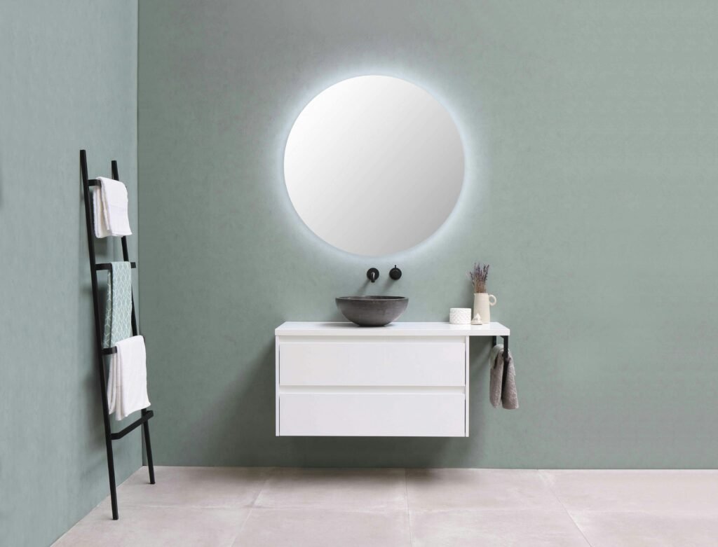 backlit bathroom mirror in small bathroom