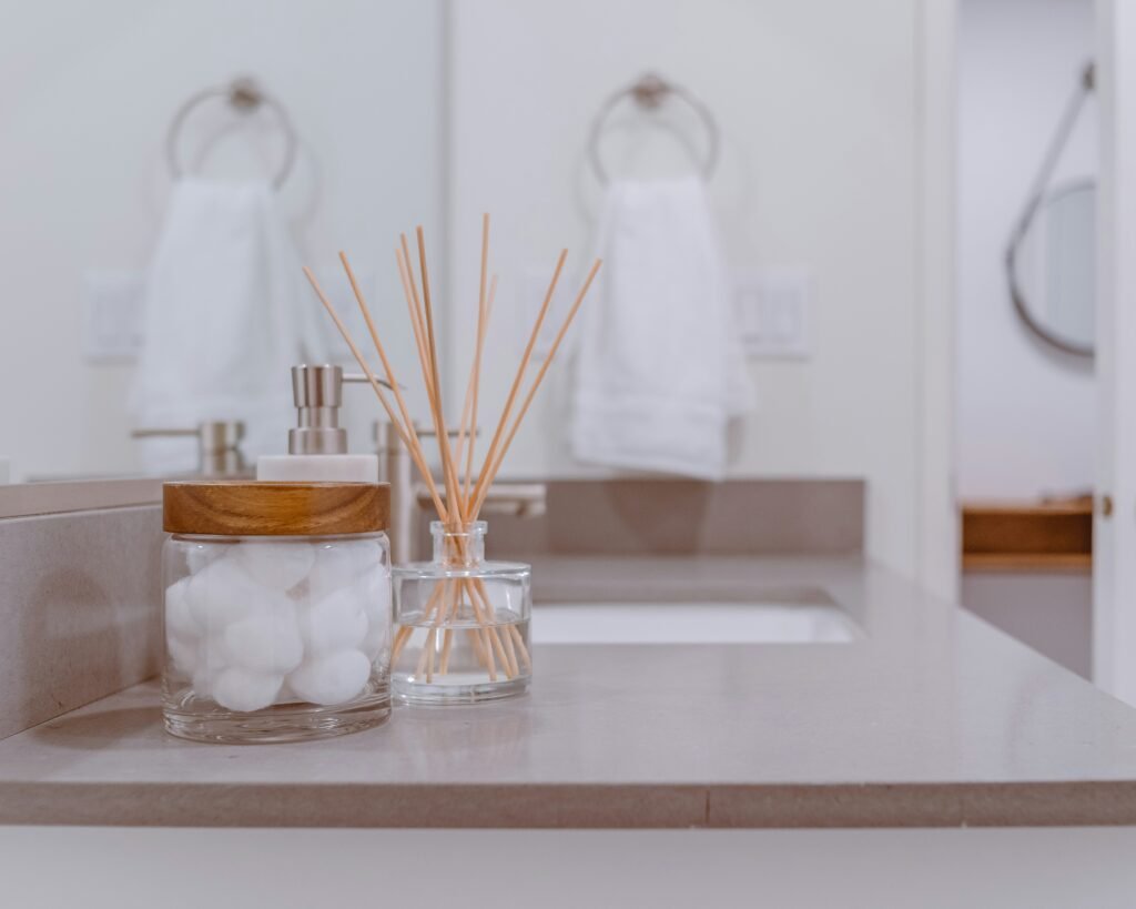 acrylic storage containers in small bathroom